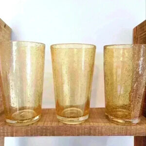 Vintage Cancun Sunset Amber 12oz Bubble Glass Tumblers. Set of 3